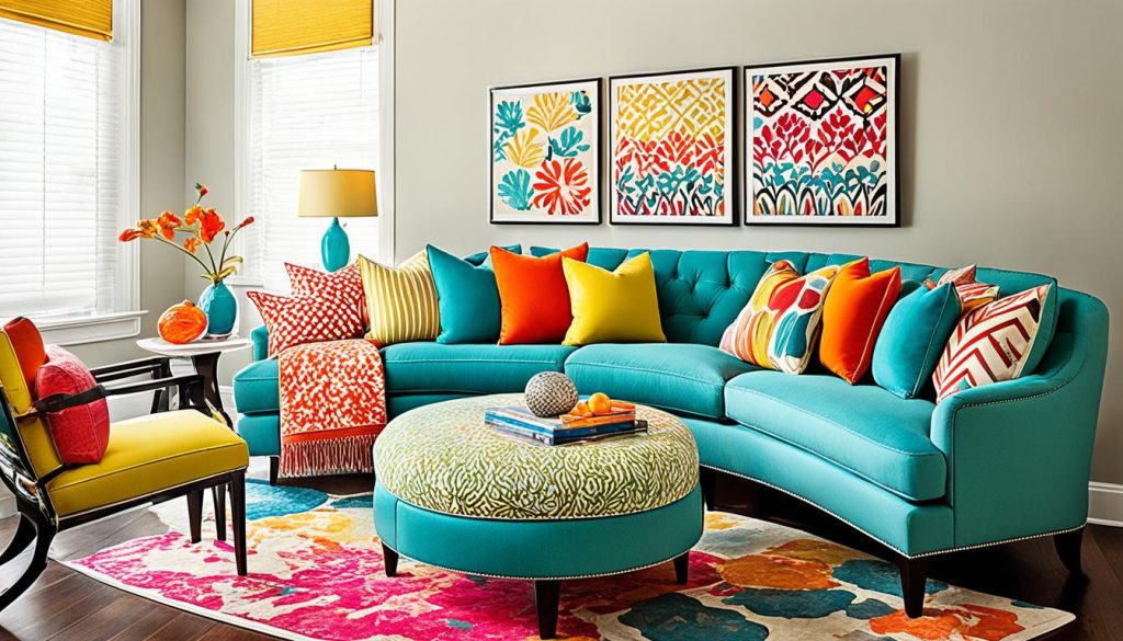 Decoração colorida com móveis e objetos decorativos