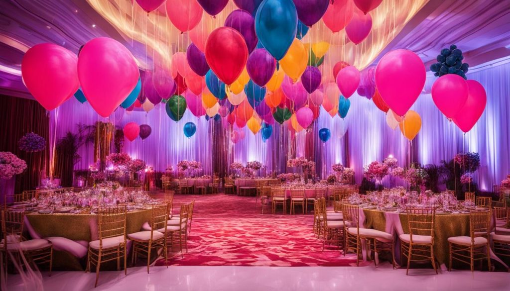 Decoração com iluminação e balões para festas