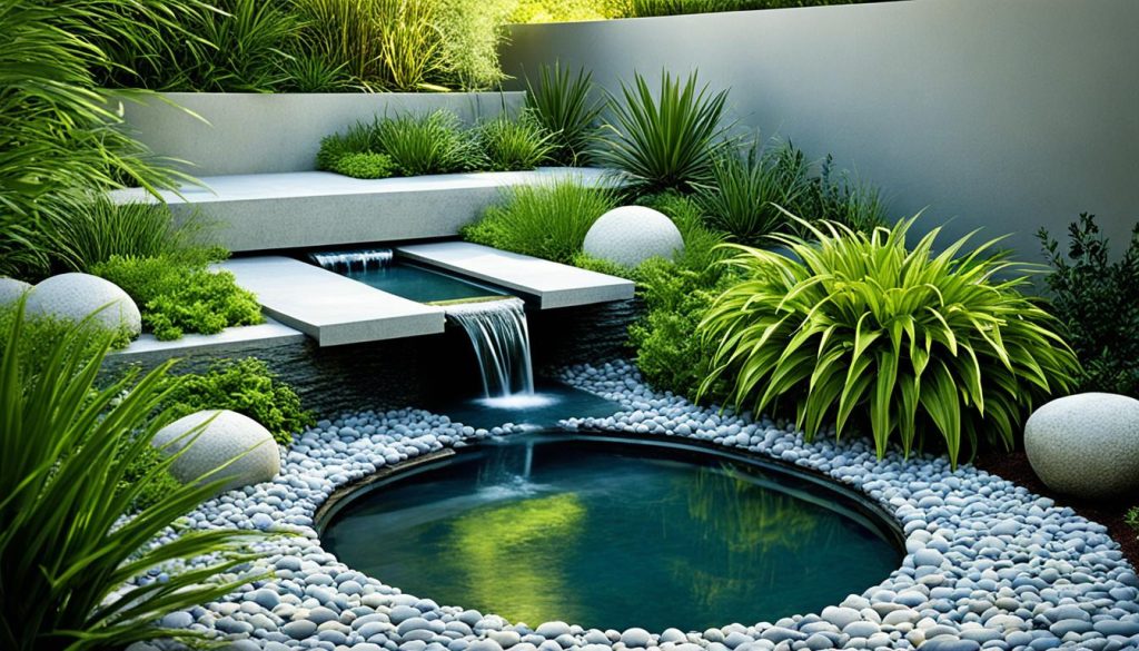 Elementos aquáticos em jardim minimalista