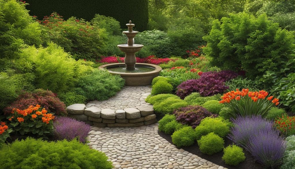 Elementos decorativos com cores e texturas no jardim