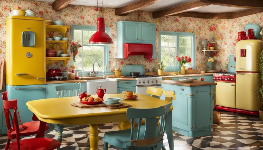 Eletrodomésticos coloridos em cozinha vintage