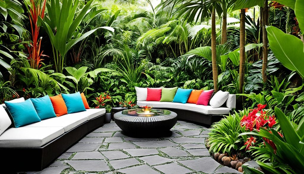 Lounge ao ar livre em jardim tropical