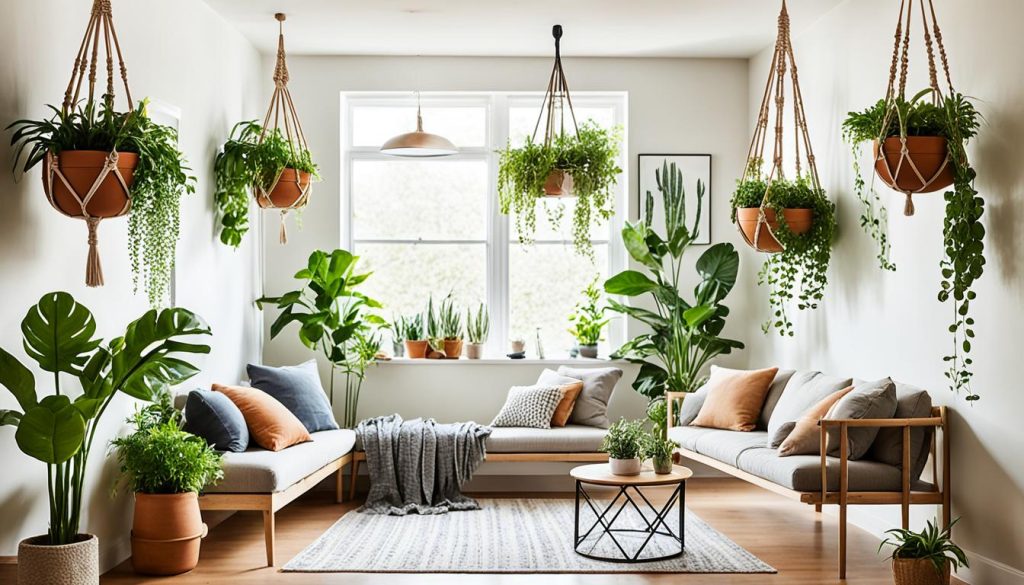 Macramês e cestos suspensos na decoração com plantas em espaços reduzidos