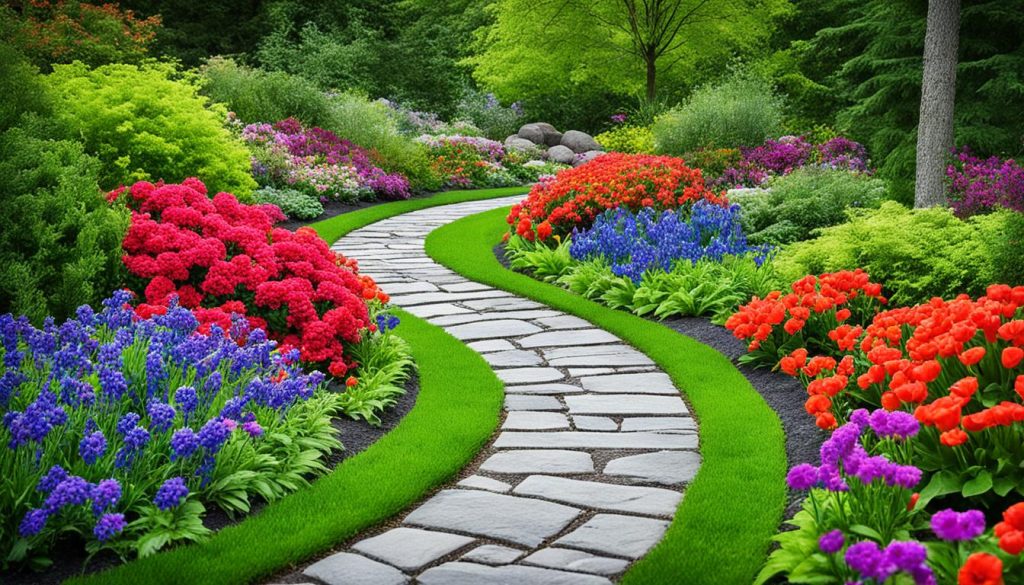 caminho de cores variadas no paisagismo de jardim